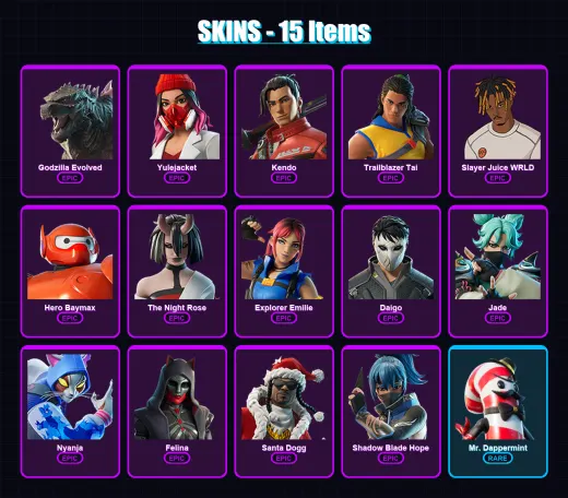 [PC/XBOX/PSN] | Godzilla Evolved | Yulejacket | Kendo | Trailblazer Tai | Slayer Juice WRLD | 15 skin | 43 pickaxe | 32 emote | 29 glider | Lv469