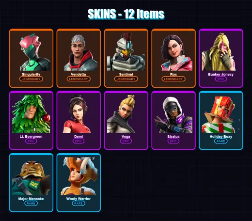 [PC] | Singularity | Vendetta | Sentinel | Rox | Bunker Jonesy | 12 skin | 25 pickaxe | 29 emote | 29 glider | Lv400