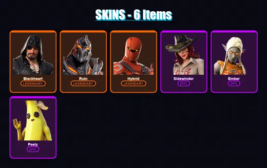 [PC/XBOX/PSN] | Blackheart | Ruin | Hybrid | Sidewinder | Ember | 6 skin | 10 pickaxe | 15 emote | 15 glider | Lv136