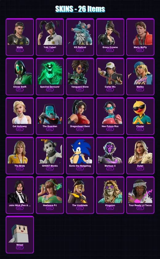 [PC/XBOX/PSN] | Wolfe | Yuki Yubari | KD Rattical | Grace Crowne | Marty McFly | 26 skin | 37 pickaxe | 23 emote | 28 glider | Lv206