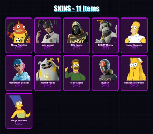 [PC/PSN] | Blinky Fishstick | Yuki Yubari | Blitz Knight | GHOST Monks | Homer Simpson | 11 skin | 56 pickaxe | 21 emote | 38 glider | Lv484