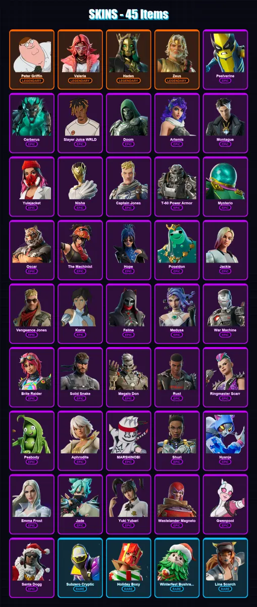 [PC/XBOX] | Peter Griffin | Valeria | Hades | Zeus | Peelverine | 45 skin | 75 pickaxe | 51 emote | 58 glider | Lv719