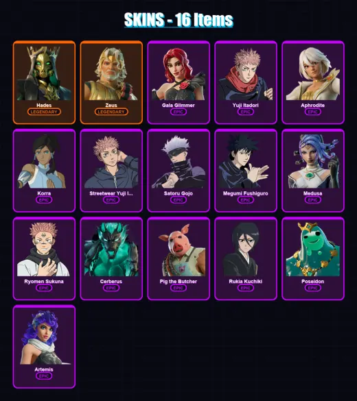 [PC/XBOX/PSN] | Hades | Zeus | Gala Glimmer | Yuji Itadori | Aphrodite | 16 skin | 62 pickaxe | 48 emote | 46 glider | Lv674