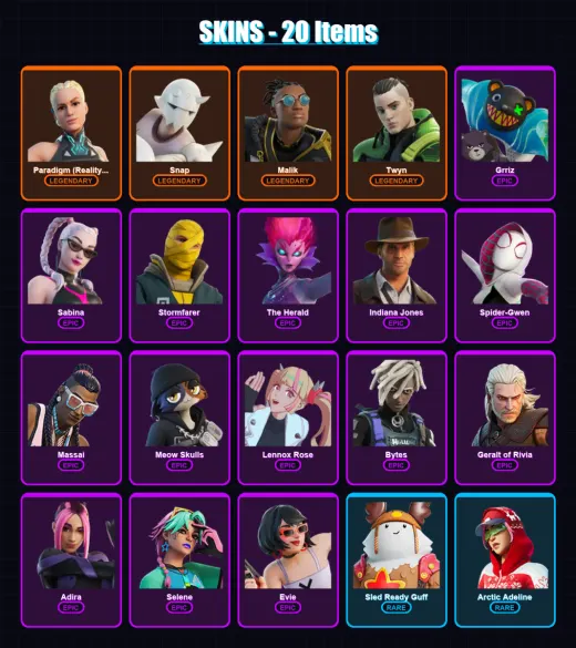 [PC/XBOX/PSN] | Paradigm (Reality-659) | Snap | Malik | Twyn | Grriz | 20 skin | 32 pickaxe | 25 emote | 30 glider | Lv403