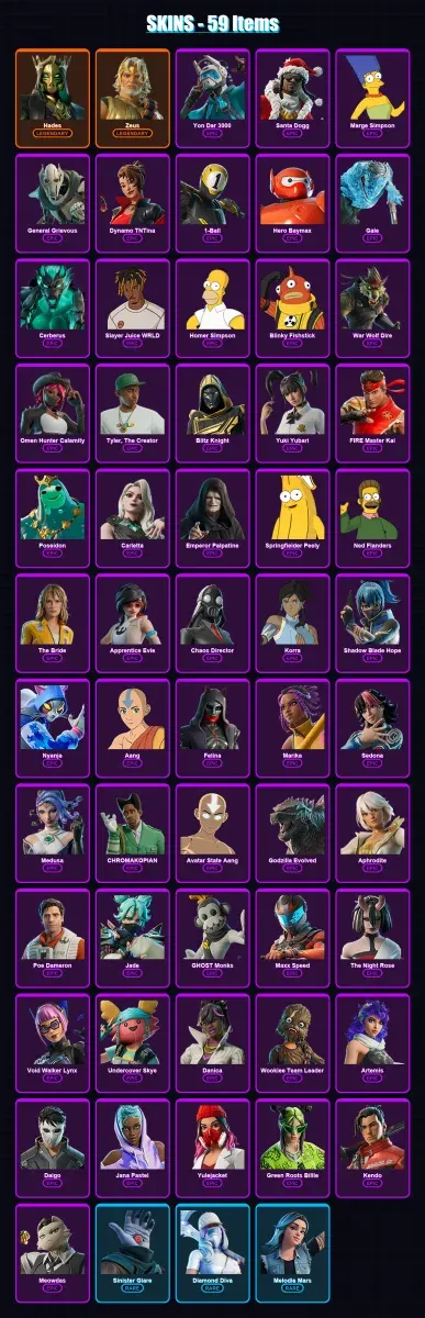 [PC/XBOX/PSN] | Hades | Zeus | Yon Dar 3000 | Santa Dogg | Marge Simpson | 59 skin | 92 pickaxe | 59 emote | 53 glider | Lv602
