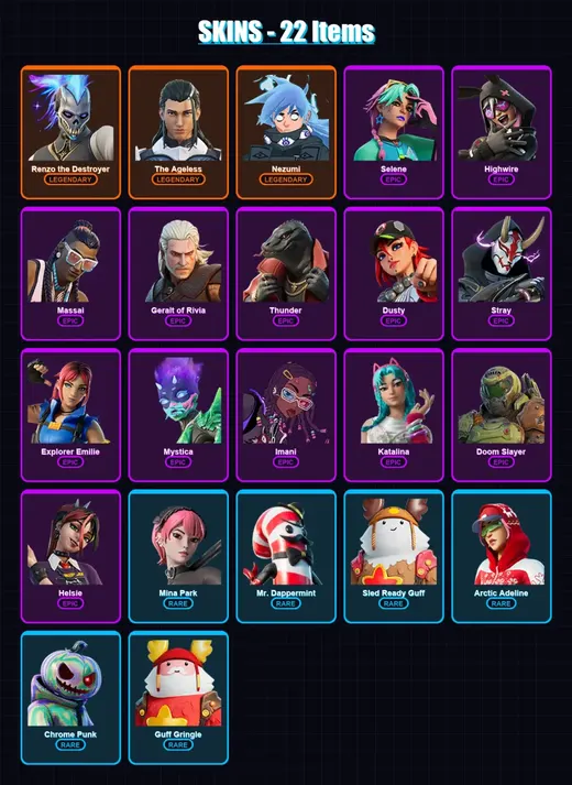 [PC/XBOX/PSN] | Renzo the Destroyer | The Ageless | Nezumi | Selene | Highwire | 22 skin | 41 pickaxe | 40 emote | 40 glider | Lv736