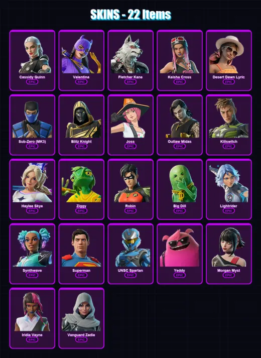 [PC/PSN] | Cassidy Quinn | Valentina | Fletcher Kane | Keisha Cross | Desert Dawn Lyric | 22 skin | 53 pickaxe | 28 emote | 37 glider | Lv383
