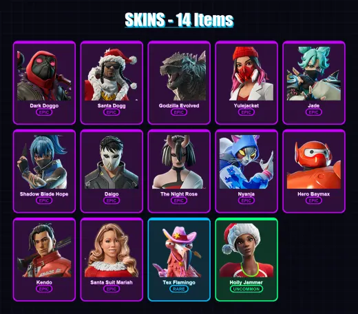 [PC/XBOX/PSN] | Dark Doggo | Santa Dogg | Godzilla Evolved | Yulejacket | Jade | 14 skin | 27 pickaxe | 22 emote | 21 glider | Lv382
