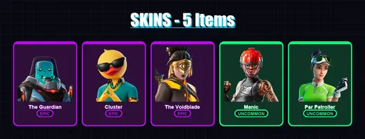 [PC/XBOX/PSN] | The Guardian | Cluster | The Voidblade | Manic | Par Patroller | 5 skin | 6 pickaxe | 7 emote | 6 glider | Lv43