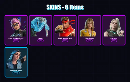 [PC] | Void Walker Lynx | Gale | FIRE Master Kai | The Bride | Carletta | 6 skin | 14 pickaxe | 5 emote | 4 glider | Lv78