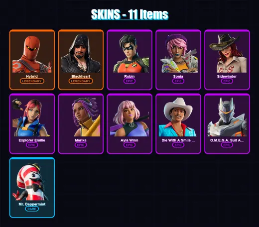 [PC/XBOX/PSN] | Hybrid | Blackheart | Robin | Sonia | Sidewinder | 11 skin | 10 pickaxe | 7 emote | 2 glider | Lv72