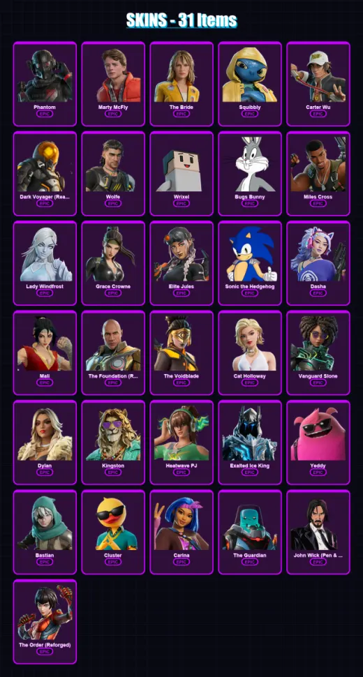 [PC/XBOX/PSN] | Phantom | Marty McFly | The Bride | Squibbly | Carter Wu | 31 skin | 53 pickaxe | 33 emote | 41 glider | Lv508