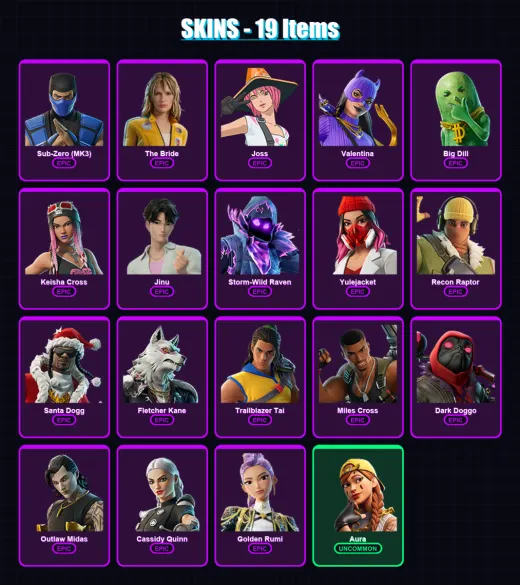 [PC/XBOX/PSN] | Sub-Zero (MK3) | The Bride | Joss | Valentina | Big Dill | 19 skin | 41 pickaxe | 17 emote | 26 glider | Lv249