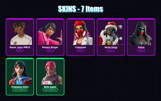 [PC/PSN] | Slayer Juice WRLD | Striped Slinger | Yulejacket | Santa Dogg | Felina | 7 skin | 39 pickaxe | 21 emote | 22 glider | Lv492