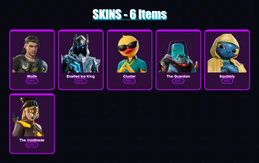 [PC/XBOX] | Wolfe | Exalted Ice King | Cluster | The Guardian | Squibbly | 6 skin | 10 pickaxe | 9 emote | 11 glider | Lv69