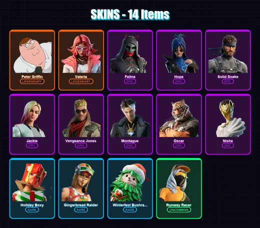 [PC/XBOX/PSN] | Peter Griffin | Valeria | Felina | Hope | Solid Snake | 14 skin | 39 pickaxe | 32 emote | 32 glider | Lv662