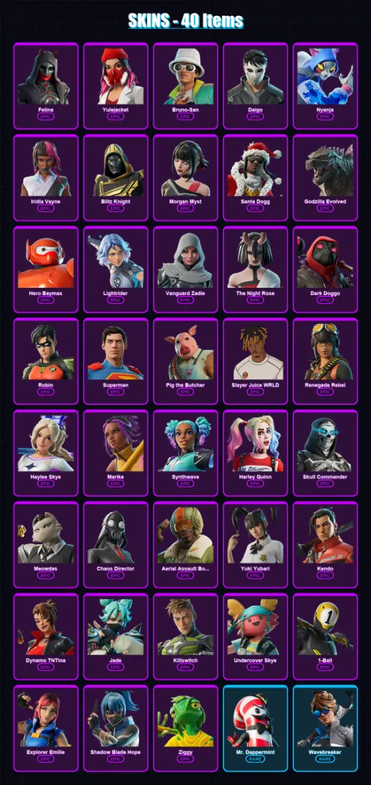 [PS4/PS5/PC] | Felina | Yulejacket | Bruno-San | Daigo | Nyanja | 40 skin | 96 pickaxe | 41 emote | 59 glider | Lv985