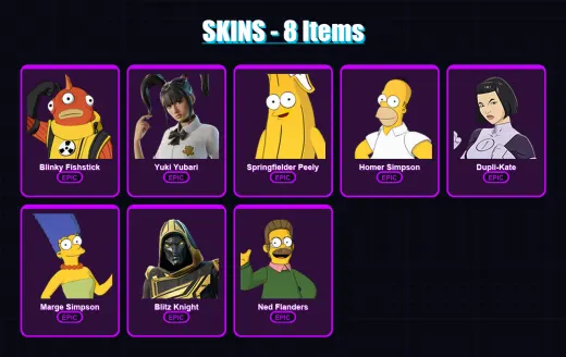[PC/XBOX/PSN] | Blinky Fishstick | Yuki Yubari | Springfielder Peely | Homer Simpson | Dupli-Kate | 8 skin | 38 pickaxe | 12 emote | 23 glider | Lv2
