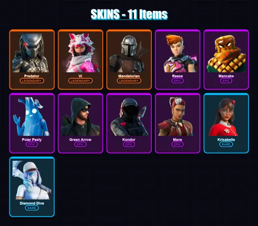 [PS4/PS5/XBOX/PC] | Predator | Vi | Mandalorian | Reese | Mancake | 11 skin | 20 pickaxe | 13 emote | 15 glider | Lv269