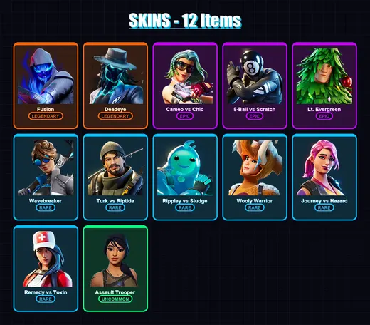 [PC/XBOX/PSN] | Fusion | Deadeye | Cameo vs Chic | 8-Ball vs Scratch | Lt. Evergreen | 12 skin | 12 pickaxe | 25 emote | 13 glider | Lv407
