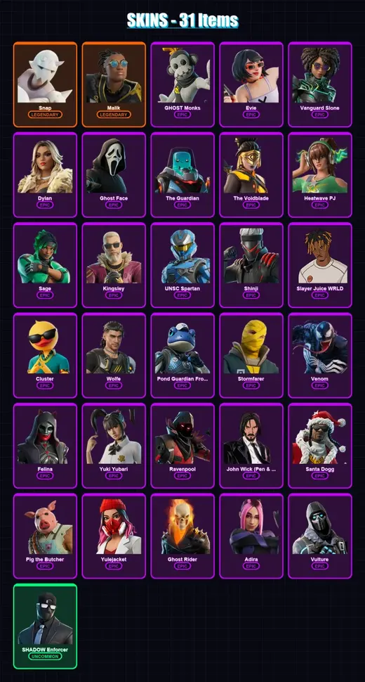 [PS4/PS5/XBOX/PC] | Snap | Malik | GHOST Monks | Evie | Vanguard Slone | 31 skin | 76 pickaxe | 37 emote | 46 glider | Lv598