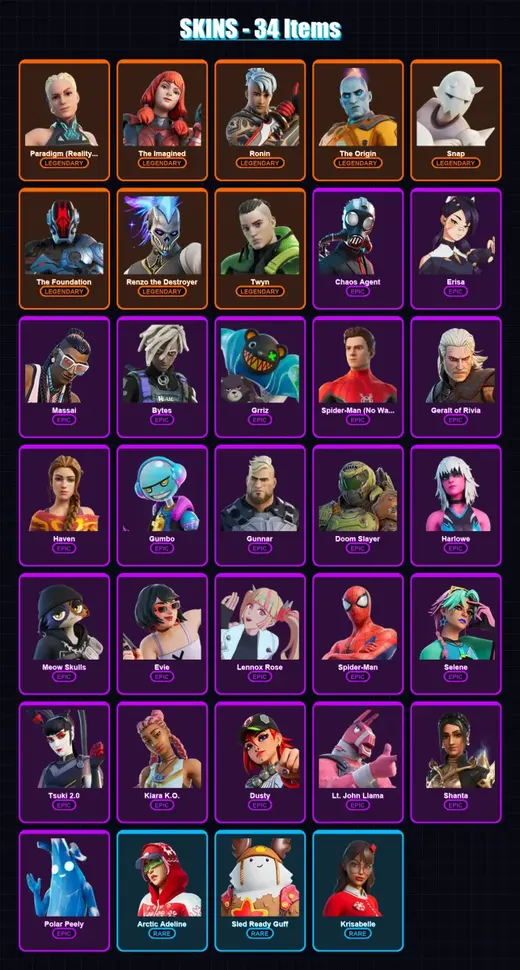 [PS4/PS5/XBOX/PC] | Paradigm (Reality-659) | The Imagined | Ronin | The Origin | Snap | 34 skin | 41 pickaxe | 32 emote | 49 glider | Lv704