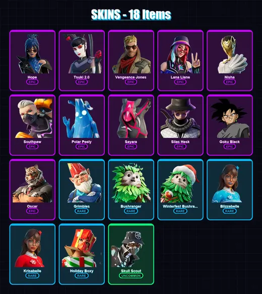 [PC/XBOX/PSN] | Hope | Tsuki 2.0 | Vengeance Jones | Lana Llane | Nisha | 18 skin | 20 pickaxe | 15 emote | 13 glider | Lv119