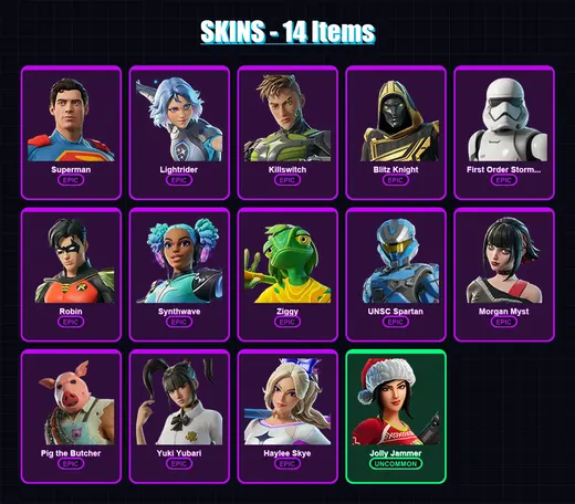 [PC/PSN] | Superman | Lightrider | Killswitch | Blitz Knight | First Order Stormtrooper | 14 skin | 52 pickaxe | 25 emote | 34 glider | Lv449