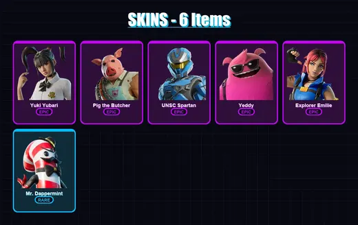 [PC/XBOX/PSN] | Yuki Yubari | Pig the Butcher | UNSC Spartan | Yeddy | Explorer Emilie | 6 skin | 30 pickaxe | 11 emote | 14 glider | Lv486