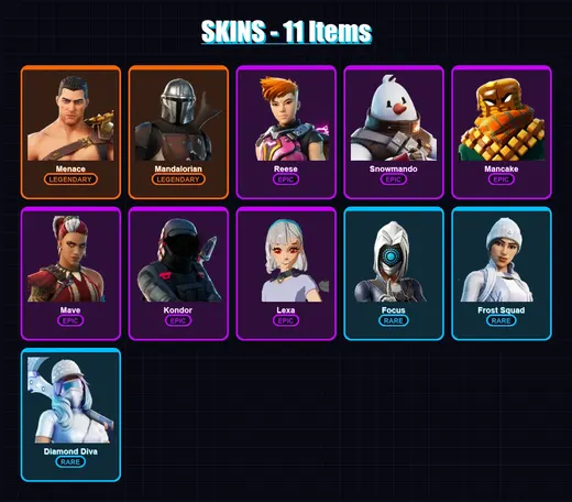 [PS4/PS5/XBOX/PC] | Menace | Mandalorian | Reese | Snowmando | Mancake | 11 skin | 18 pickaxe | 14 emote | 14 glider | Lv185