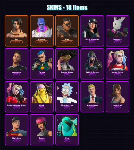 [PC/PSN] | Raz | Kymera | Joey | Ruby Shadows | Guggimon | 18 skin | 37 pickaxe | 22 emote | 26 glider | Lv352