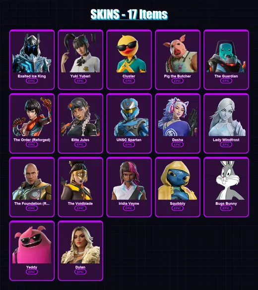 [PC/XBOX/PSN] | Exalted Ice King | Yuki Yubari | Cluster | Pig the Butcher | The Guardian | 17 skin | 67 pickaxe | 27 emote | 41 glider | Lv662