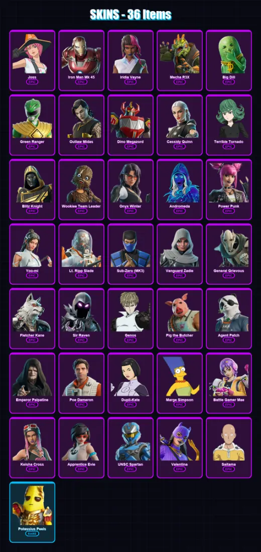 [SWITCH/XBOX/PSN/PC] | Joss | Iron Man Mk 45 | Iridia Vayne | Mecha R3X | Big Dill | 36 skin | 85 pickaxe | 53 emote | 56 glider | Lv875