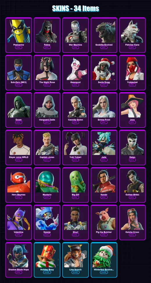 [PS4/PS5/XBOX/PC] | Peelverine | Felina | War Machine | Godzilla Evolved | Fletcher Kane | 34 skin | 110 pickaxe | 54 emote | 76 glider | Lv1348
