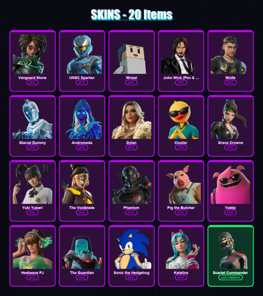 [PC/XBOX/PSN] | Vanguard Slone | UNSC Spartan | Wrixel | John Wick (Pen & Ink) | Wolfe | 20 skin | 74 pickaxe | 31 emote | 51 glider | Lv633
