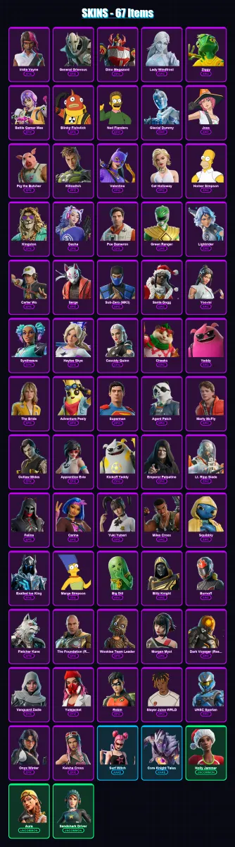 [PC] | Iridia Vayne | General Grievous | Dino Megazord | Lady Windfrost | Ziggy | 67 skin | 123 pickaxe | 74 emote | 82 glider | Lv1709
