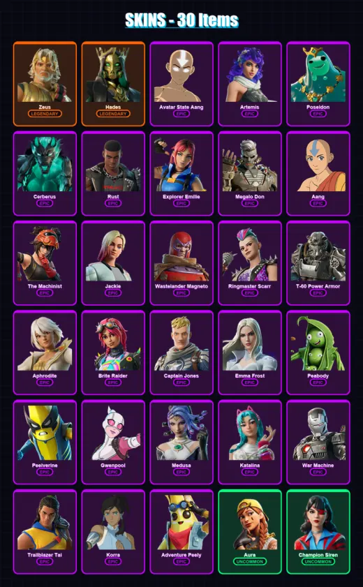 [PC/XBOX/PSN] | Zeus | Hades | Avatar State Aang | Artemis | Poseidon | 30 skin | 43 pickaxe | 33 emote | 33 glider | Lv722 — Game account