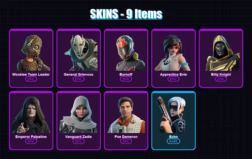 [PC/XBOX/PSN] | Wookiee Team Leader | General Grievous | Burnoff | Apprentice Evie | Blitz Knight | 9 skin | 44 pickaxe | 15 emote | 23 glider | Lv4