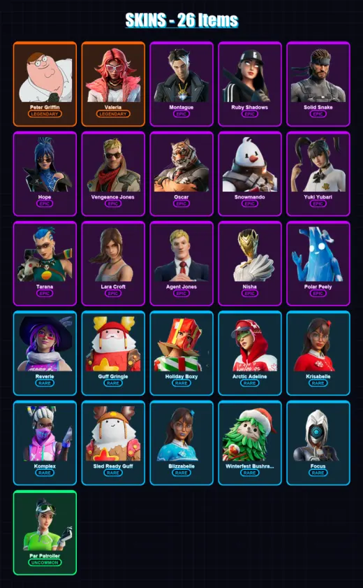 [PC/PSN] | Peter Griffin | Valeria | Montague | Ruby Shadows | Solid Snake | 26 skin | 46 pickaxe | 49 emote | 41 glider | Lv631