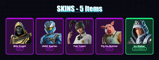 [PC/XBOX/PSN] | Blitz Knight | UNSC Spartan | Yuki Yubari | Pig the Butcher | Ice Stalker | 5 skin | 44 pickaxe | 18 emote | 27 glider | Lv568