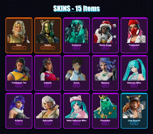 [PS4/PS5/PC] | Zeus | Hades | Cerberus | Santa Dogg | Yulejacket | 15 skin | 47 pickaxe | 28 emote | 27 glider | Lv483