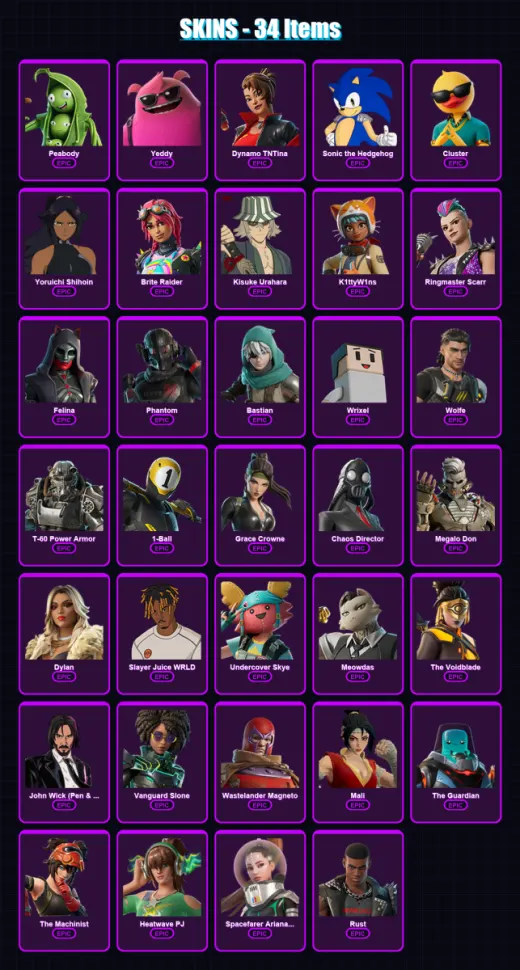 [PC/XBOX] | Peabody | Yeddy | Dynamo TNTina | Sonic the Hedgehog | Cluster | 34 skin | 66 pickaxe | 43 emote | 51 glider | Lv742