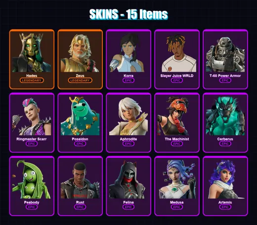 [PC/XBOX/PSN] | Hades | Zeus | Korra | Slayer Juice WRLD | T-60 Power Armor | 15 skin | 37 pickaxe | 27 emote | 32 glider | Lv467