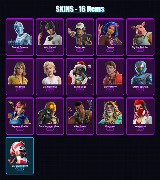[PC/XBOX/PSN] | Glacial Dummy | Yuki Yubari | Carter Wu | Carina | Pig the Butcher | 16 skin | 56 pickaxe | 27 emote | 41 glider | Lv780