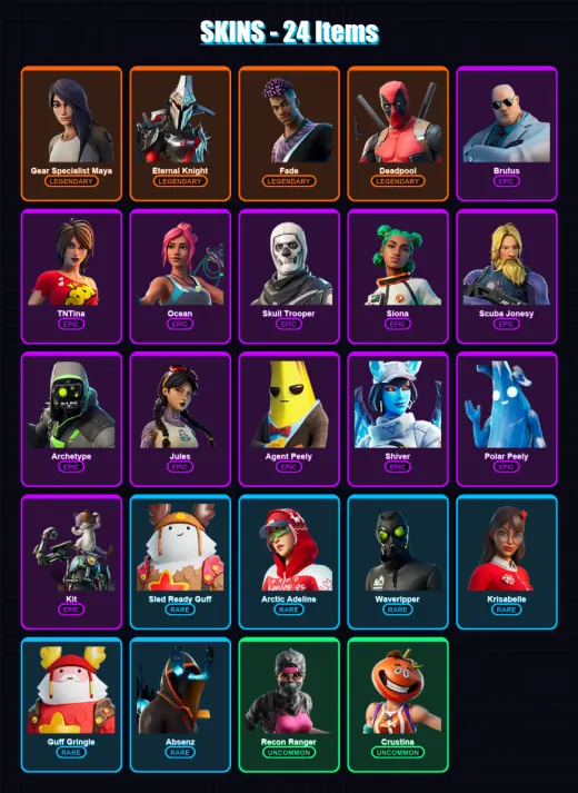 [PC/PSN] | Gear Specialist Maya | Eternal Knight | Fade | Deadpool | Brutus | 24 skin | 41 pickaxe | 41 emote | 43 glider | Lv630
