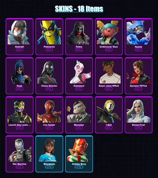 [PC/XBOX] | Abstrakt | Peelverine | Felina | Undercover Skye | Nyanja | 18 skin | 59 pickaxe | 38 emote | 35 glider | Lv604 — Game account