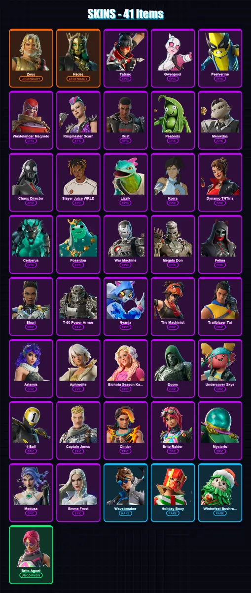 [PC/XBOX/PSN] | Zeus | Hades | Tatsuo | Gwenpool | Peelverine | 41 skin | 57 pickaxe | 47 emote | 38 glider | Lv715