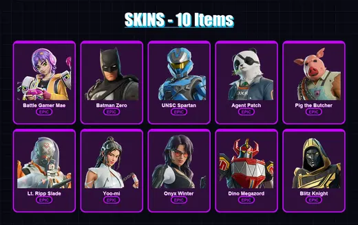 [PC/XBOX/PSN] | Battle Gamer Mae | Batman Zero | UNSC Spartan | Agent Patch | Pig the Butcher | 10 skin | 53 pickaxe | 30 emote | 38 glider | Lv402