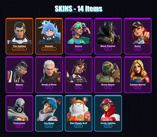 [PS4/PS5/XBOX/PC] | The Ageless | Nezumi | Selene | Black Panther | Dusty | 14 skin | 16 pickaxe | 14 emote | 15 glider | Lv161 — Game account