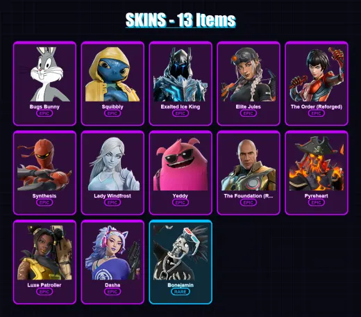 [PC/XBOX] | Bugs Bunny | Squibbly | Exalted Ice King | Elite Jules | The Order (Reforged) | 13 skin | 39 pickaxe | 21 emote | 24 glider | Lv221